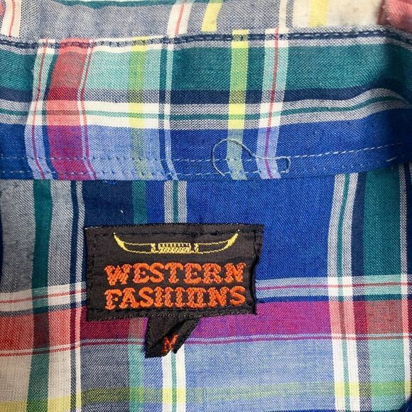 Western Fashions Shirt Mens Medium Blue Green Plaid Cowboy Pearl Snap Farm Ranch - Picture 9 of 12